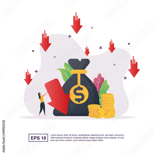 cost reduction concept with big money bag and arrow pointing down.