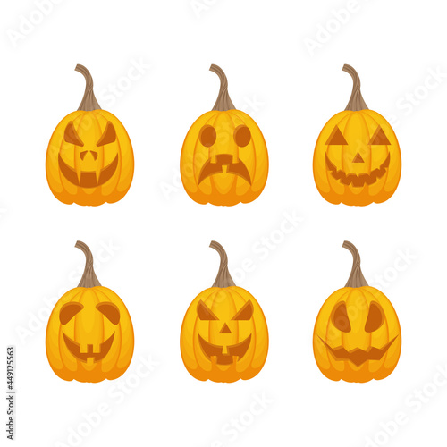 A bright festive set with the image of Jack-o-lantern pumpkins. Pumpkins are a symbol of the Halloween holiday with various emotions. Orange is an attribute of All Saints Day. Vector illustration