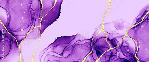 Original abstract alcohol ink background with watercolour brush stroke, rich purple color , creative hand painted art, kintsugi gold paths, wallpaper for print, interior decoration	