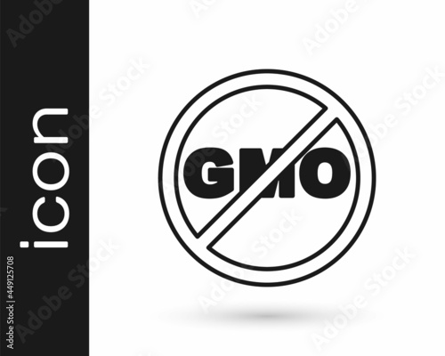 Black No GMO icon isolated on white background. Genetically modified organism acronym. Dna food modification. Vector