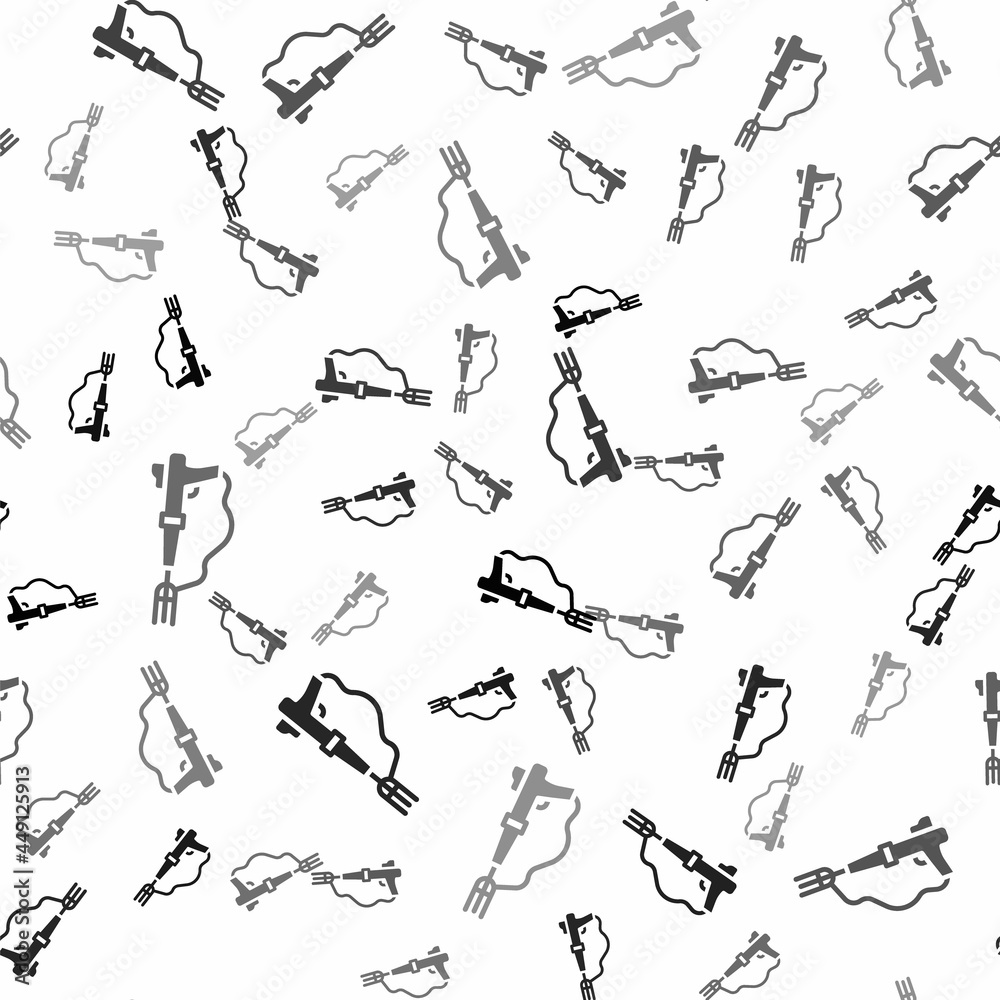 Black Fishing harpoon icon isolated seamless pattern on white background. Fishery manufacturers for catching fish under water. Diving underwater equipment. Vector