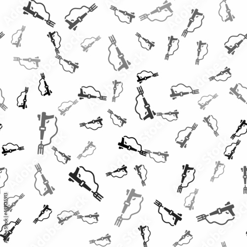 Black Fishing harpoon icon isolated seamless pattern on white background. Fishery manufacturers for catching fish under water. Diving underwater equipment. Vector