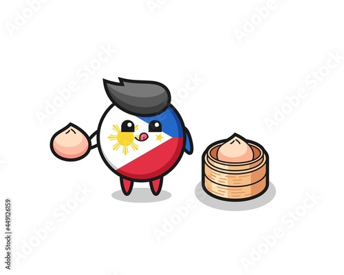 cute philippines flag badge character eating steamed buns