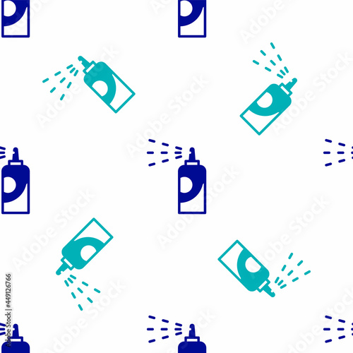 Blue Spray can for hairspray, deodorant, antiperspirant icon isolated seamless pattern on white background. Vector