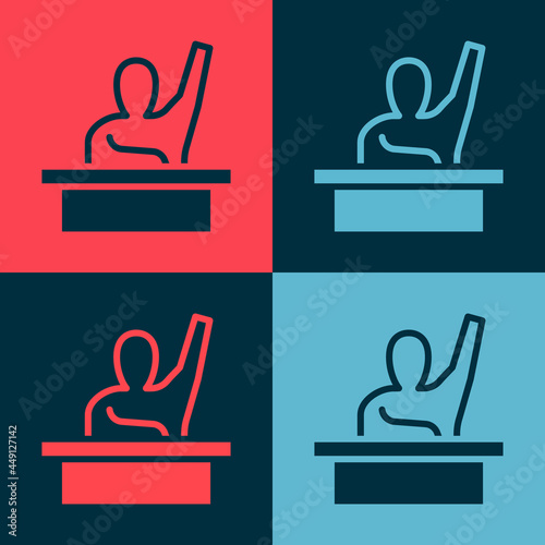 Pop art Active male kid raising hand answering to teacher question icon isolated on color background. An elementary student raises his hand. Vector