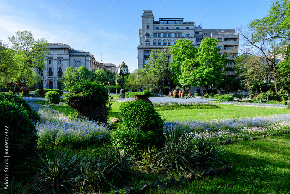 Fototapeta premium Landscape with green trees, leaves, vintage clock and many small blue forget me not or Scorpion grasses flowers in a sunny day at the entry to Cismigiu Garden (Gradina Cismigiu) in Bucharest, Romania 