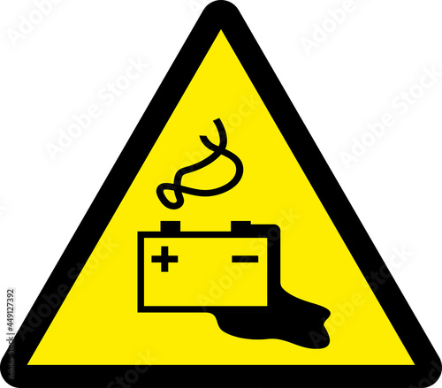 Battery charging hazard sign. Black on yellow triangle background. Hazardous safety signs and symbols.