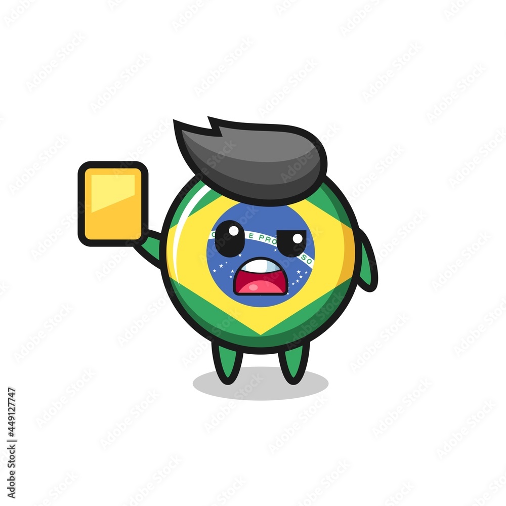 cartoon brazil flag badge character as a football referee giving a yellow card cartoon brazil flag badge character as a football referee giving a yellow card