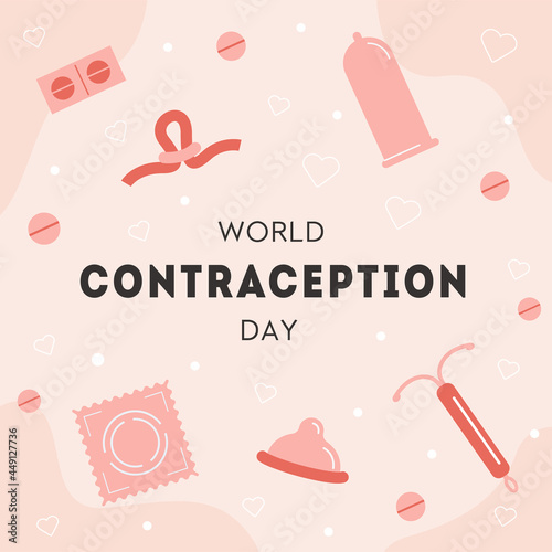 World Contraception Day square card. Contraceptive items for safe sex. Birth control methods. Sex education web banner or social media post template. Vector illustration in flat cartoon style.
