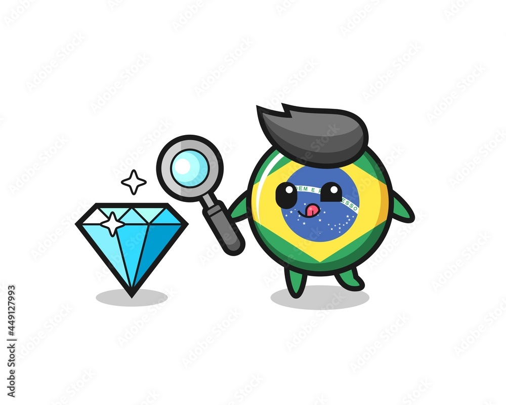 brazil flag badge mascot is checking the authenticity of a diamond