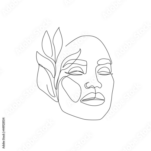 Beauty Woman Face In Leaves Line Art Drawing. Woman Head with Leaves One Line Drawing Illustration. Elegant Female Sketch Poster with Minimalist Girl Portrait Illustration Print. Vector EPS 10