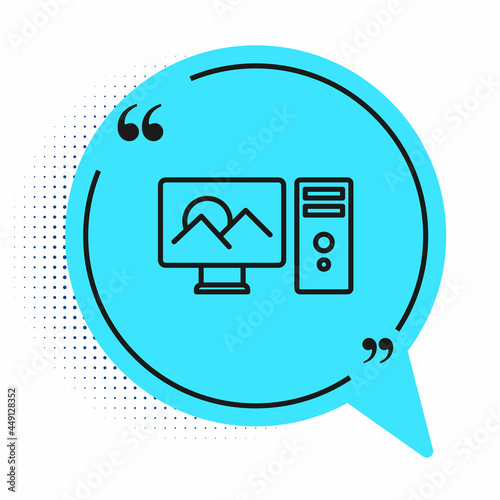 Black line Photo retouching icon isolated on white background. Photographer, photography, retouch icon. Blue speech bubble symbol. Vector