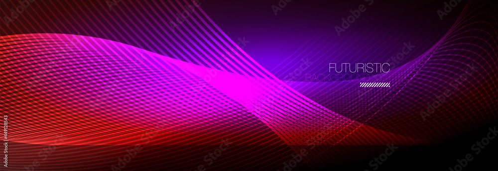 Abstract neon glowing light in the dark with waves. Shiny magic energy and motion concept, vector abstract wallpaper background Abstract neon glowing light in the dark with waves. Shiny magic energy and motion concept, vector abstract wallpaper background