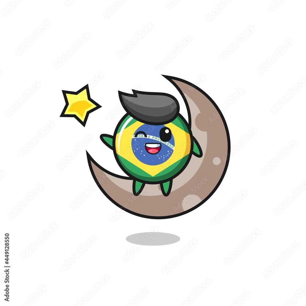 illustration of brazil flag badge cartoon sitting on the half moon