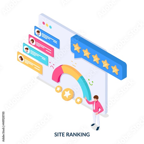 Site rating and ranking. Concept. User ratings and сomments.Crm system. Isometric vector illustration on white background.
