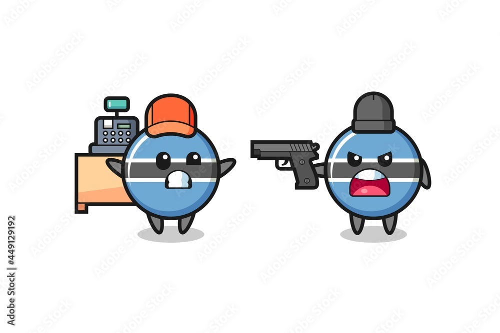 illustration of the cute botswana flag badge as a cashier is pointed a gun by a robber