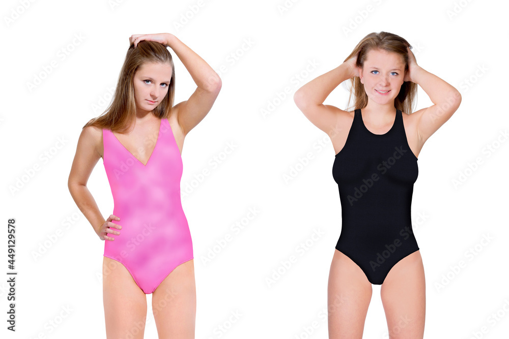 Beautiful young woman wearing pink and black swimsuit, isolated in front of white studio background Beautiful young woman wearing pink and black swimsuit, isolated in front of white studio background