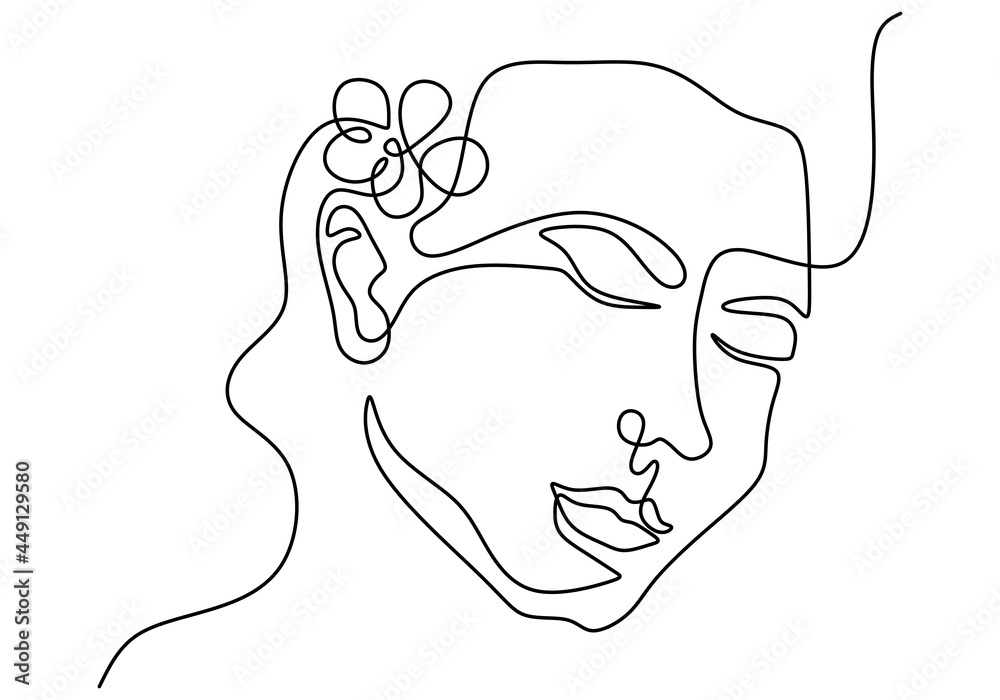 Woman face with rose flower in continuous line drawing minimalist style ...