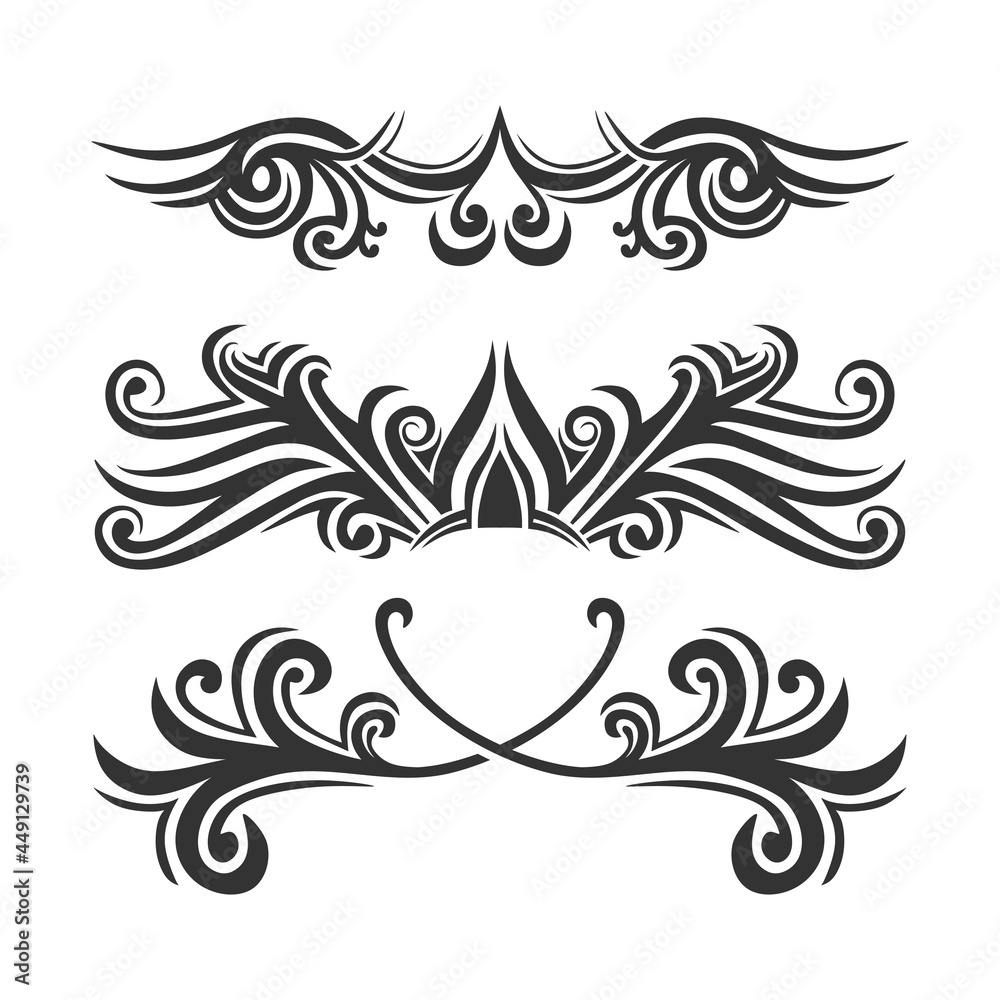 Set of tattoo template ornament isolated on white background. Ethnic tribal themes can be used as body tattoo or ethnic backdrop. Decorative motif elements vector monochrome illustration Set of tattoo template ornament isolated on white background. Ethnic tribal themes can be used as body tattoo or ethnic backdrop. Decorative motif elements vector monochrome illustration
