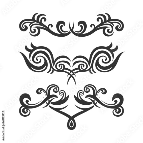 Set of three tattoo ornament with ethnic motif isolated on white background. Tribal bohemian design symbols for border, frame, tattoo, logo, cards, decorative paper. Vector monochrome illustration