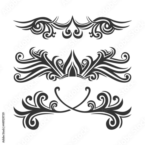 Set of tattoo template ornament isolated on white background. Ethnic tribal themes can be used as body tattoo or ethnic backdrop. Decorative motif elements vector monochrome illustration