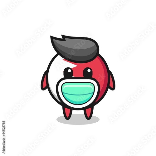 cute bahrain flag badge cartoon wearing a mask
