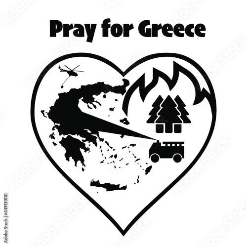 Greece Wildfire Support Icon. Heart shape with silhouette of the country and trees with flames.