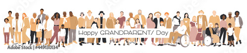 Happy Grandparents Day card. Multicultural group of families. Flat vector illustration.