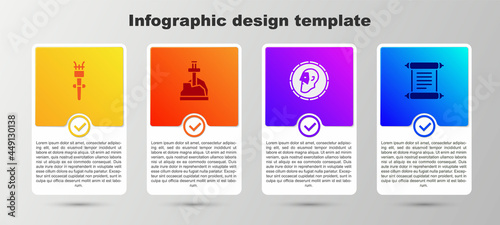 Set Torch flame, Sword in the stone, Ancient coin and Decree, parchment, scroll. Business infographic template. Vector