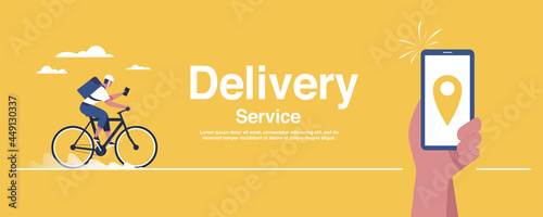 Bicycle delivery and delivery service concept. Delivery man riding a bicycle with a delivery bag. vector illustration