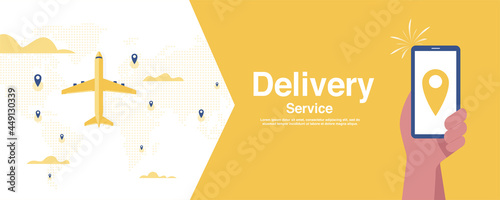 Hand holds smartphone for logistics, air freight location icon on yellow background. Vector illustration