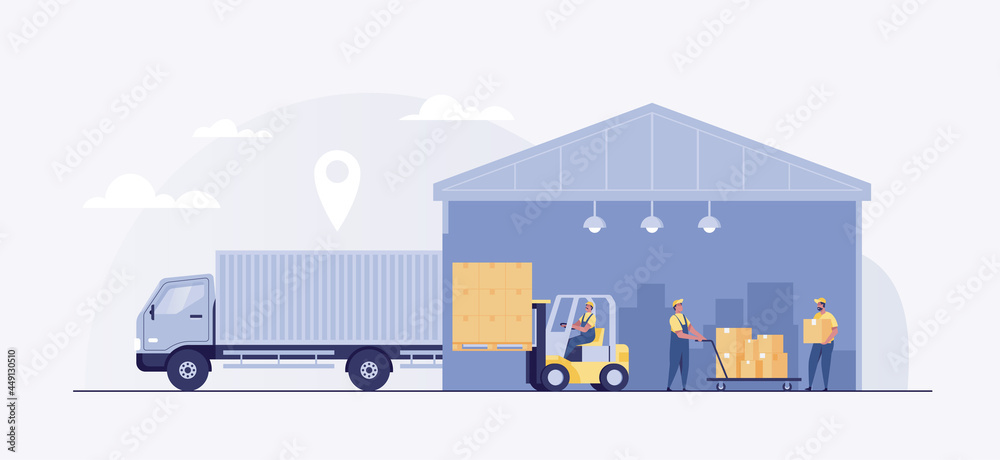 Warehouse industry with storage buildings, forklift, truck and rack with boxes. Warehouse Management, Logistic Management. Vector illustration - obrazy, fototapety, plakaty 