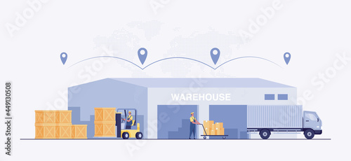 Warehouse industry with storage buildings, forklift, truck and rack with boxes. Warehouse Management, Logistic Management.  illustration