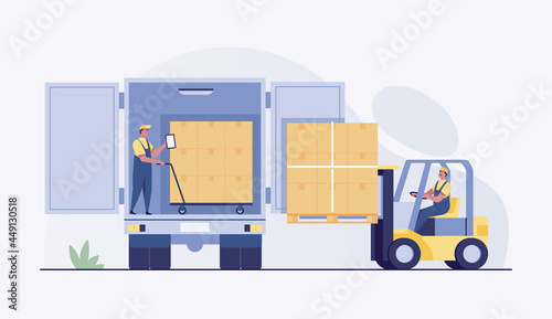 Forklift loading pallet boxes into truck rear view. Electric Uploader loading cardboard boxes in delivery vehicle. vector illustration