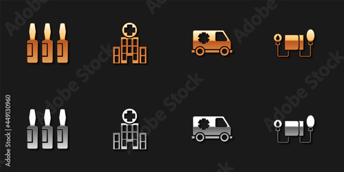 Set Medical vial, ampoule, hospital building, Emergency car and Blood pressure icon. Vector