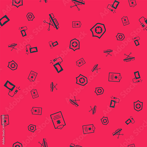 Set Clinical record, Stretcher, Ultrasound and Life insurance hand on seamless pattern. Vector