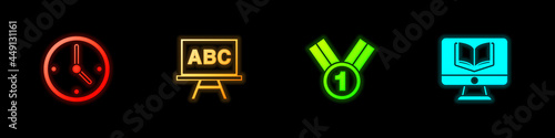 Set Clock, Chalkboard, Medal and Online class icon. Vector