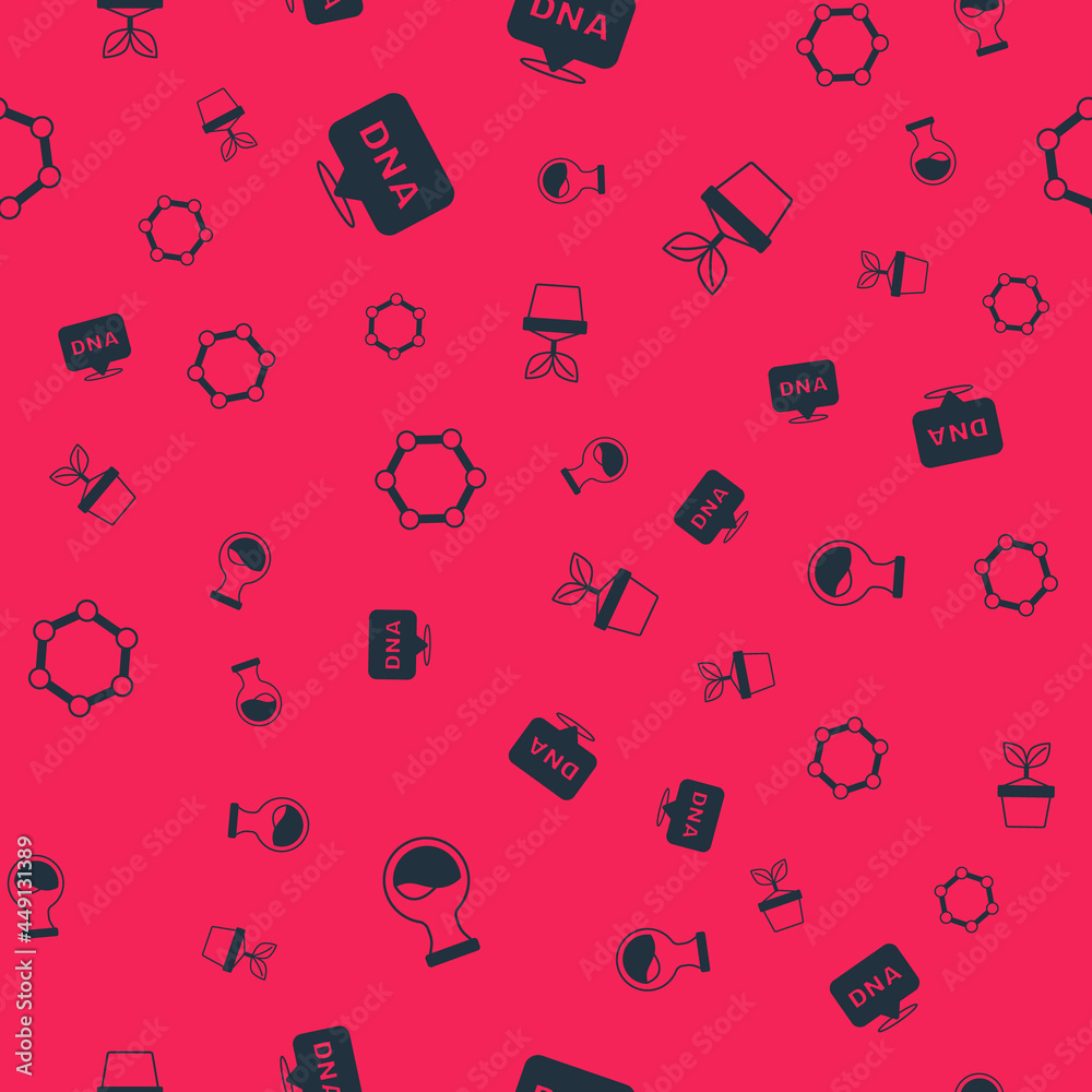 Set Test tube and flask, DNA symbol, Molecule and Plant in pot on seamless pattern. Vector Set Test tube and flask, DNA symbol, Molecule and Plant in pot on seamless pattern. Vector