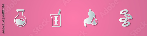 Set paper cut Test tube and flask, Laboratory glassware or beaker, Stomach heartburn and Hemoglobin icon. Paper art style. Vector