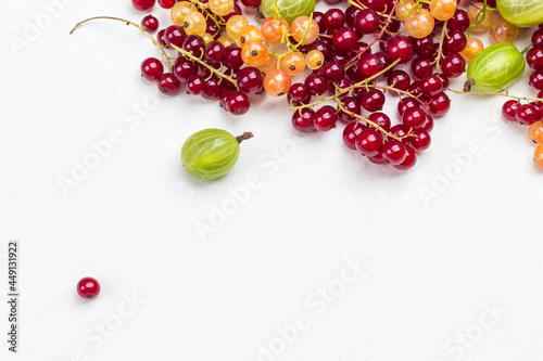 Sprigs of white and red currants, gooseberries on white