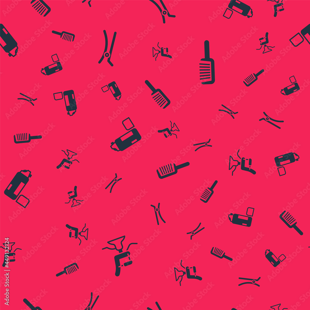 Set Barbershop chair, Hair clip, Shaving gel foam and Hairbrush on seamless pattern. Vector