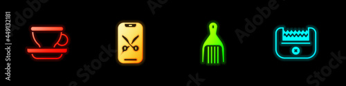 Set Coffee cup, Barber online service or platform, Barrette and Electrical hair clipper icon. Vector