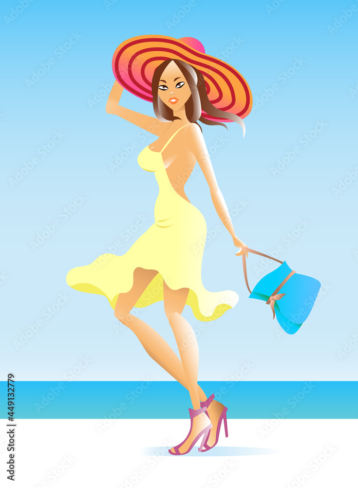 Poster with cartoon style young sexy girl. Vector illustration.