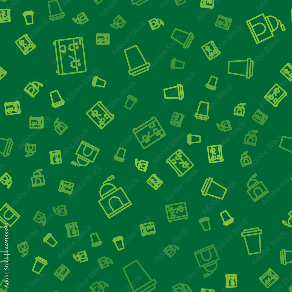 Set line Coffee machine, Manual coffee grinder and cup to go on seamless pattern. Vector