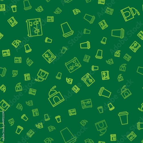 Set line Coffee machine, Manual coffee grinder and cup to go on seamless pattern. Vector