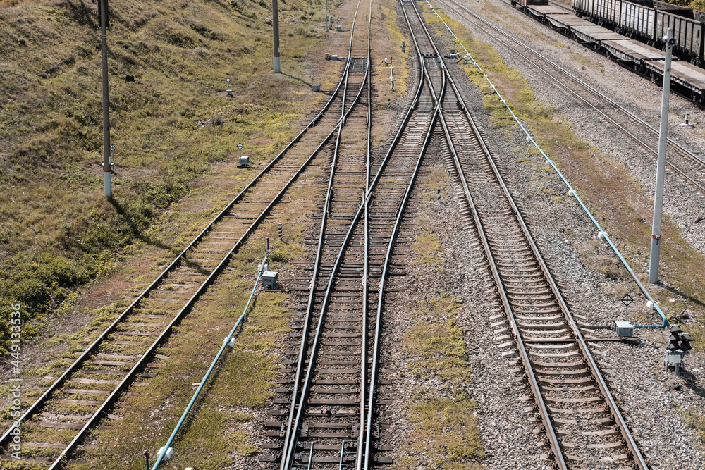 Fototapeta premium Railroad. Multiple turnouts of railway tracks.