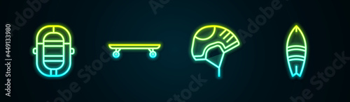 Set line Rafting boat, Longboard or skateboard, Helmet and Surfboard. Glowing neon icon. Vector