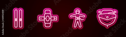 Set line Ski and sticks, Knee pads, Bungee jumping and Speedboat. Glowing neon icon. Vector