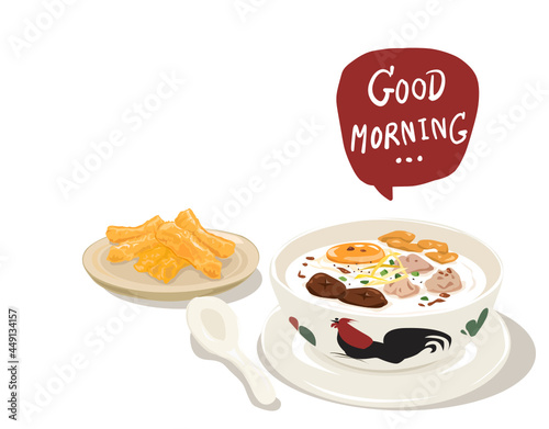 Rice porridge with minced pork with deep-fried dough stick. Vector isolated on white background.