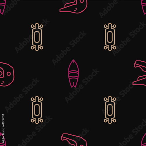 Set line Motocross motorcycle helmet, Longboard skateboard and Surfboard on seamless pattern. Vector
